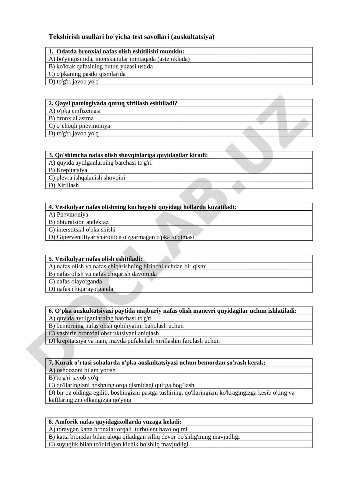 Tekshirish usullari bo'yicha test savollari (auskultatsiya)