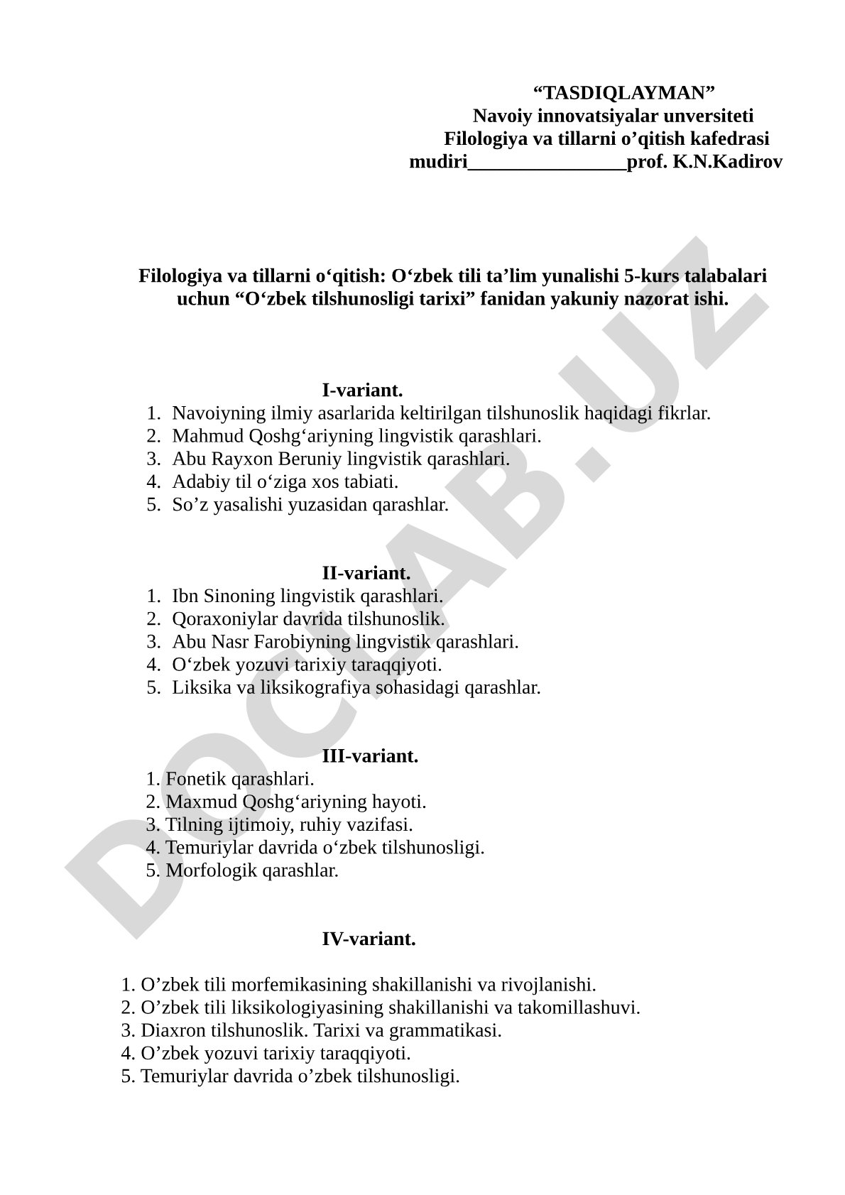 O‘zbek tilshunosligi tarixi fanidan yakuniy nazorat ishi
