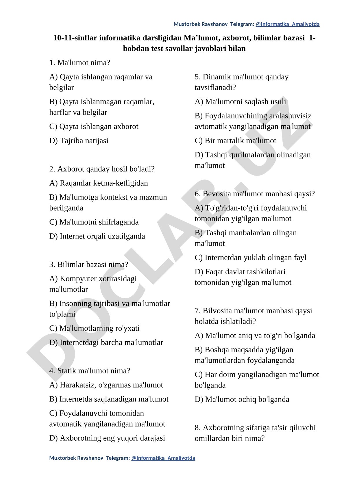 Ma'lumot, axborot, bilimlar bazasi