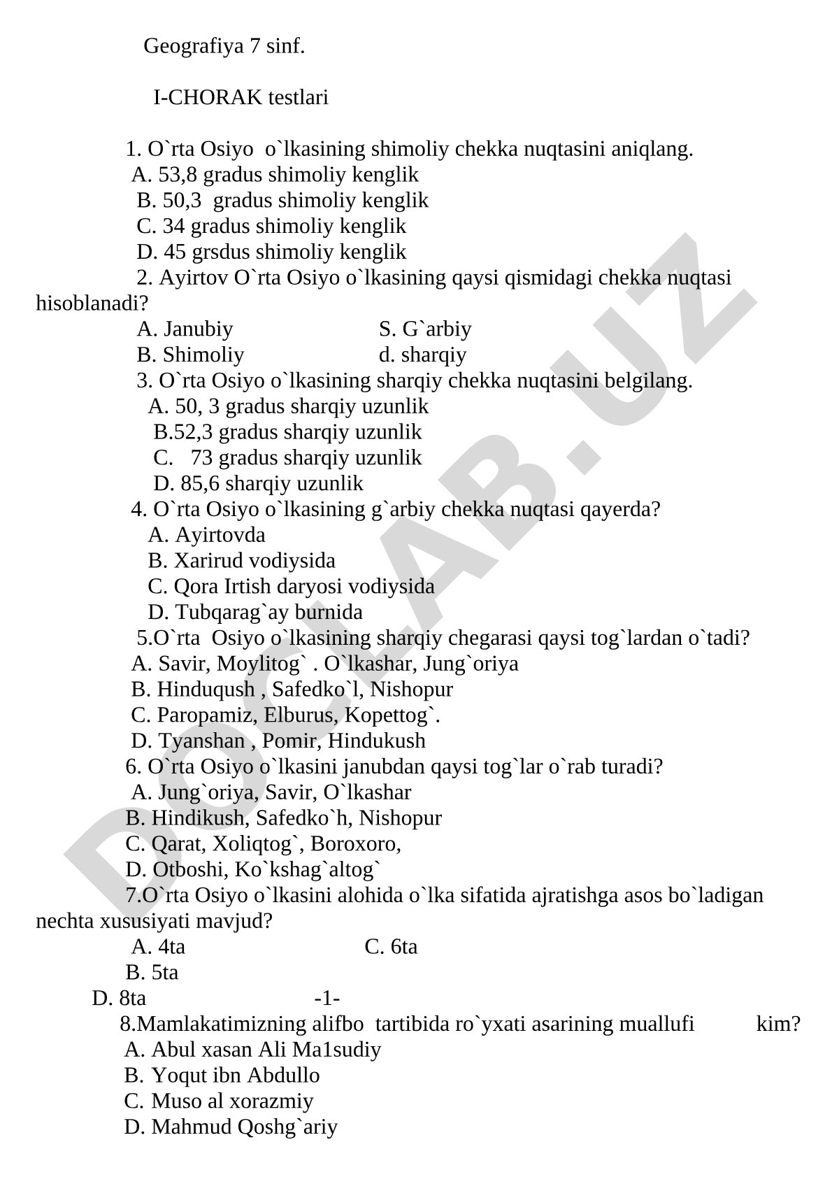 Geografiya 7 sinf. I-CHORAK testlari