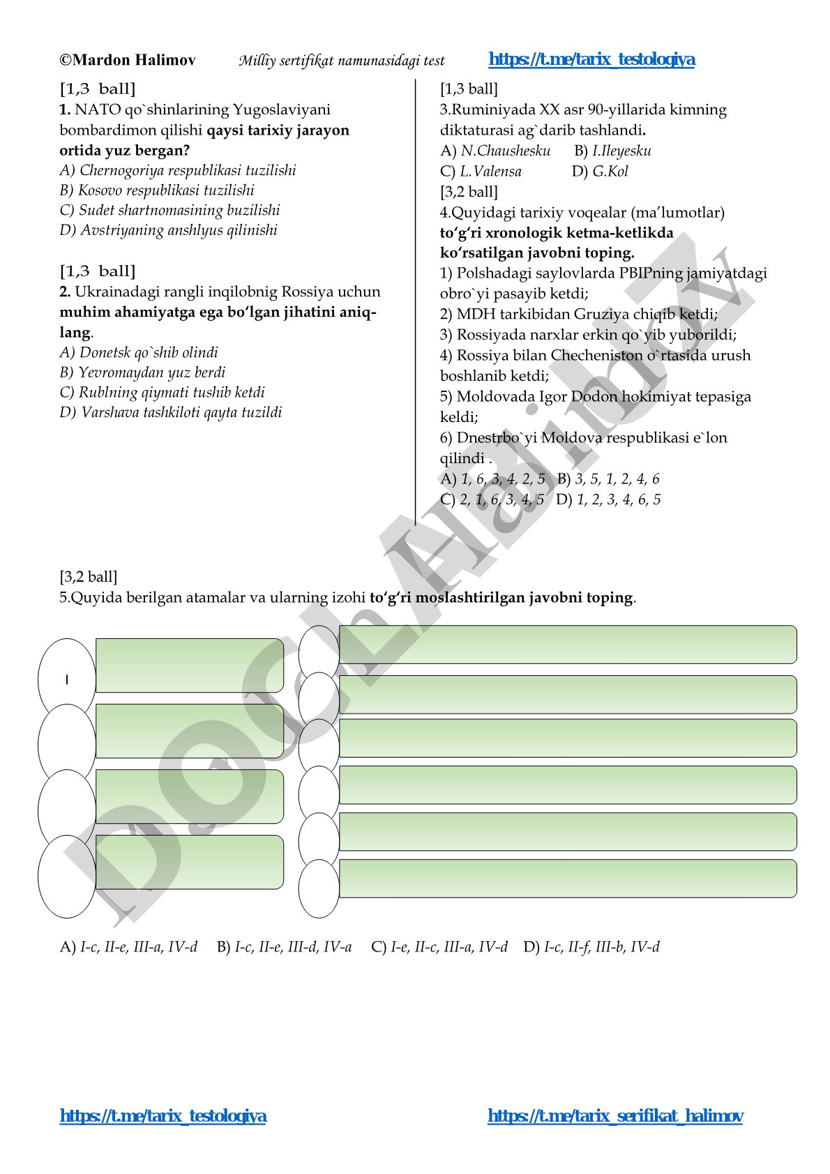 Tarix fanidan milliy sertifikat test savollari