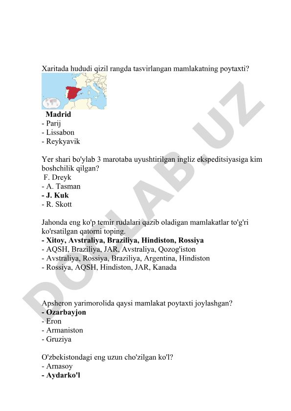 Geografiya fanidan test savollari