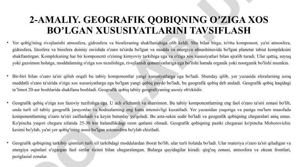 Geografik qobig'ning o'ziga xos bo'lgan xususiyatlarini tavsiflash
