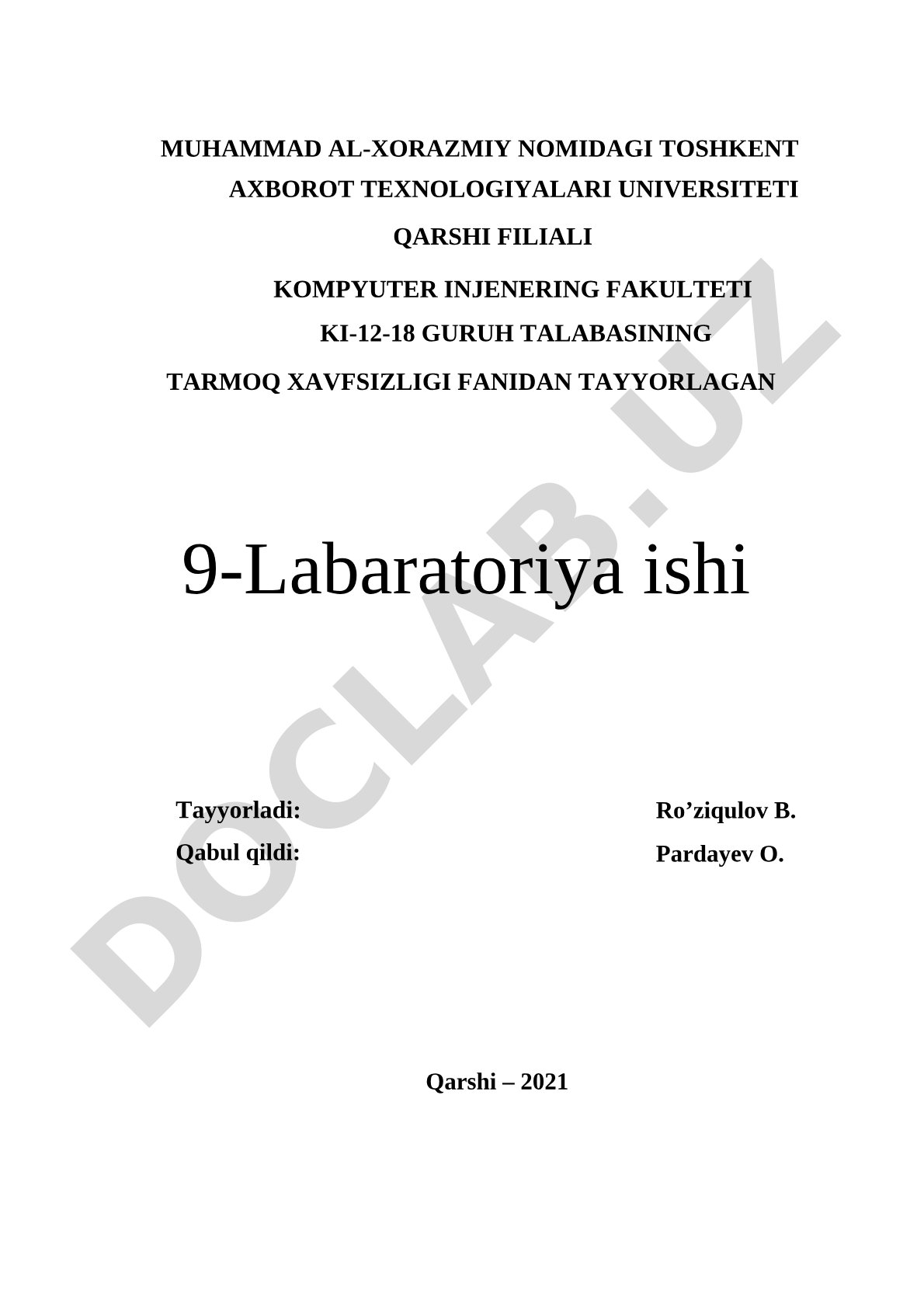 Tarmoq xavfsizligi fanidan tayyorlagan 9-labaratoriya ishi