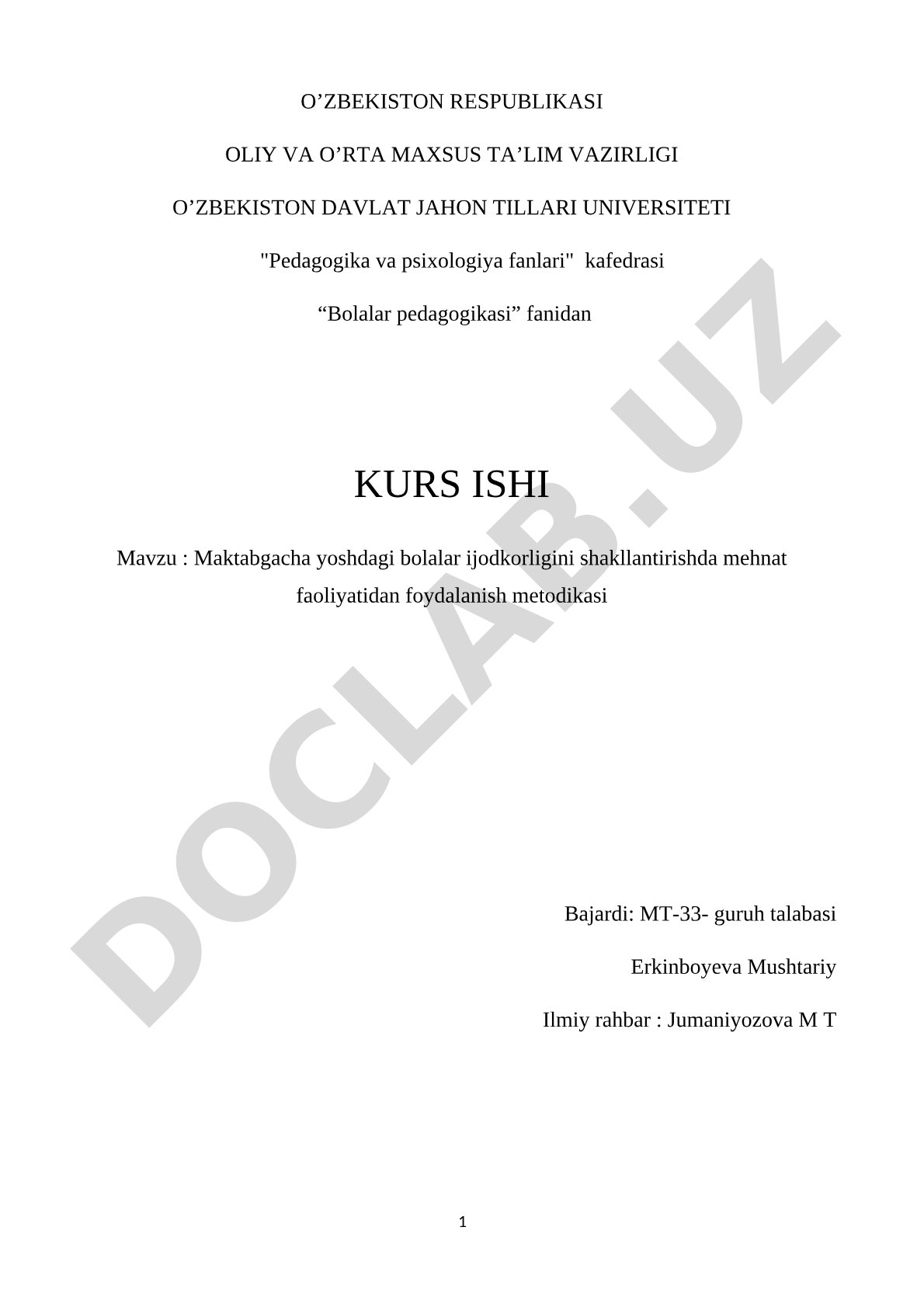 Maktabgacha yoshdagi bolalar ijodkorligini shakllantirishda mehnat faoliyatidan foydalanish metodikasi
