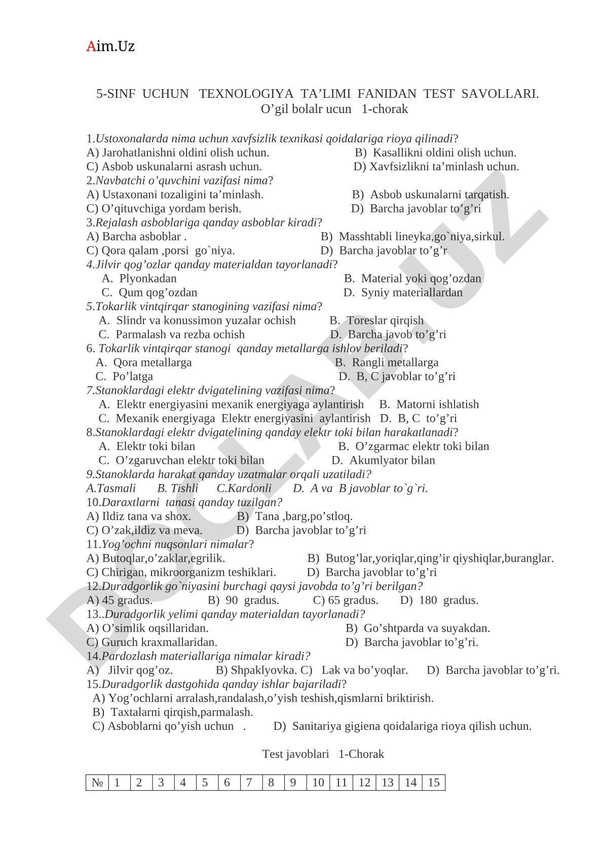 5-sinf uchun texnologiya ta'limi fanidan test savollari