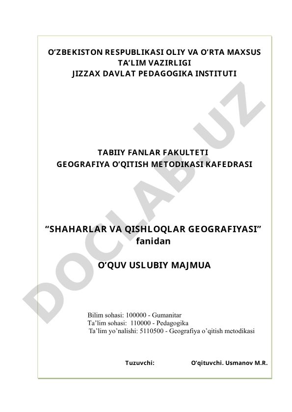 Shaharlar va qishloqlar geografiyasi fanidan ma'ruza matnlari