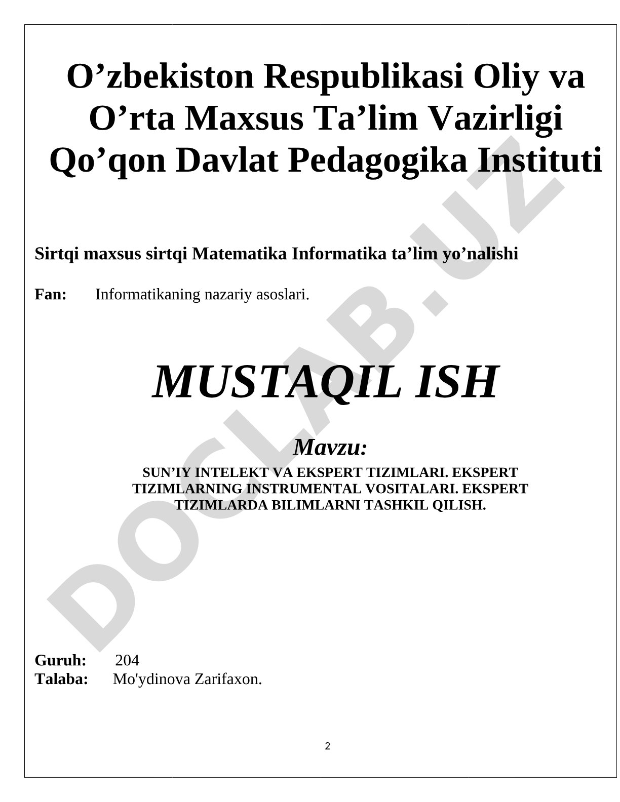 Sun’iy intellekt va ekspert tizimlari