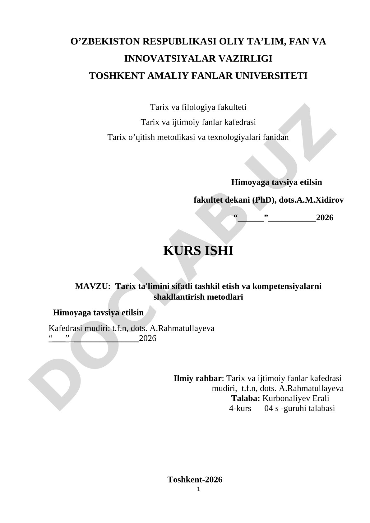 Tarix ta'limini sifatli tashkil etish va kompetensiyalarni shakllantirish metodlari