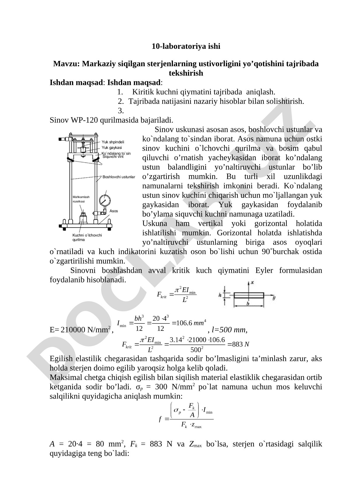 Markaziy siqilgan sterjenlarning ustivorligini yo’qotishini tajribada tekshirish