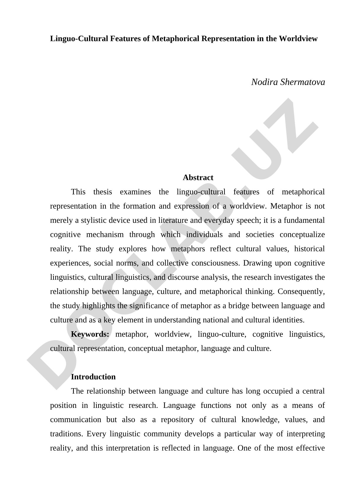 Linguo-Cultural Features of Metaphorical Representation in the Worldview