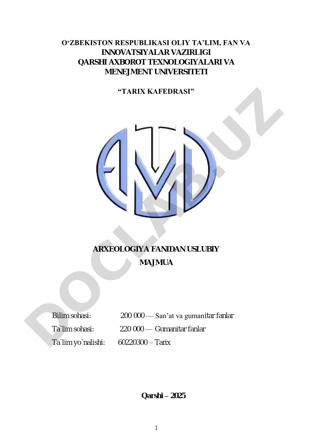 Arxeologiya fanidan uslubiy majmua
