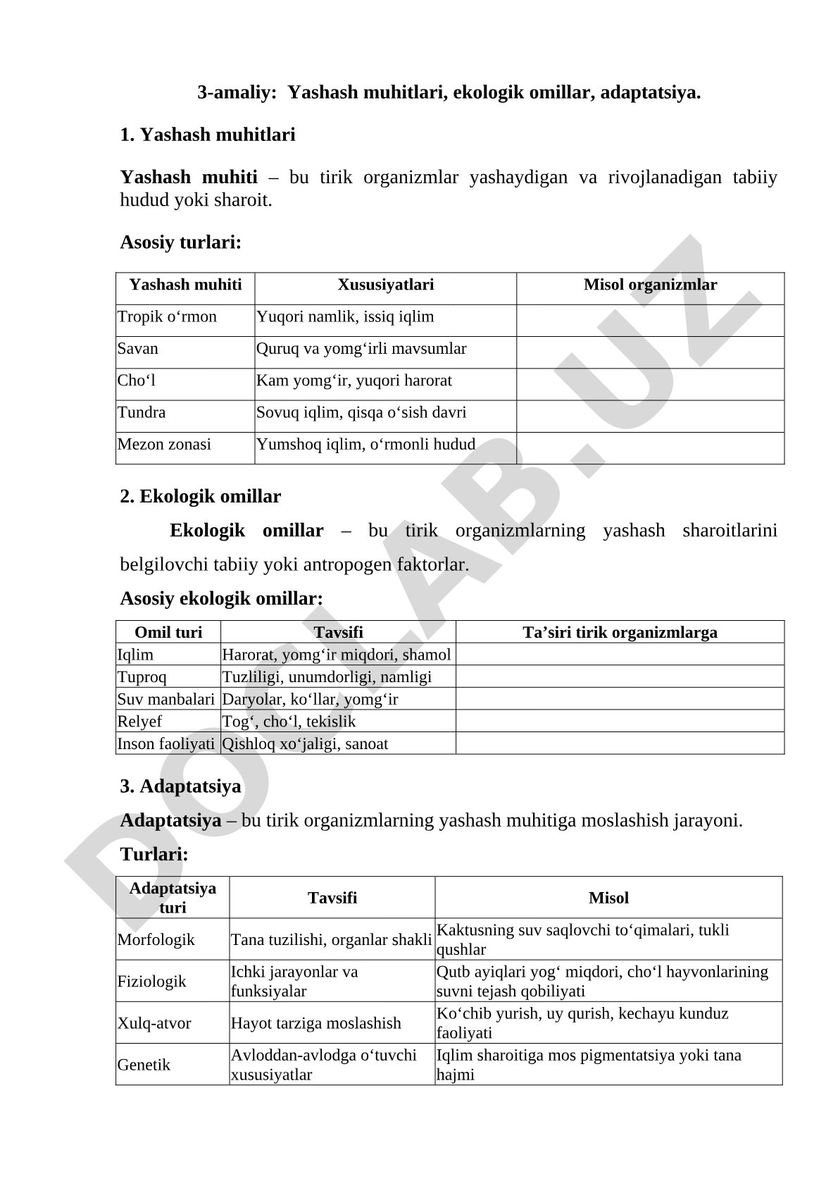 Yashash muhitlari, ekologik omillar va adaptatsiya