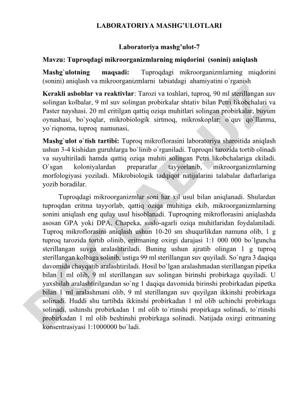 Tuproqdagi mikroorganizmlarning miqdorini aniqlash