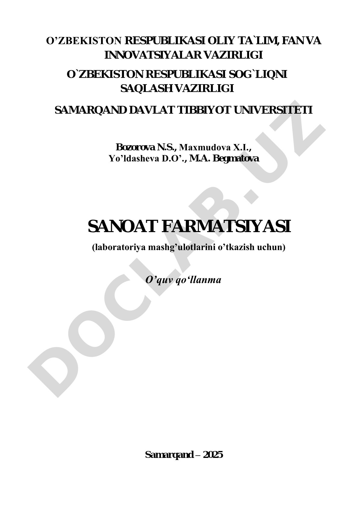 Sanoat farmatsiyasi (laboratoriya mashg'ulotlarini o'tkazish uchun)