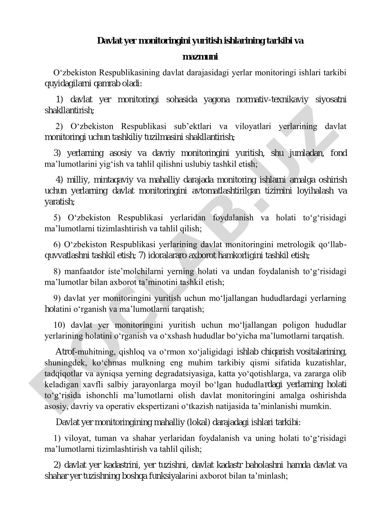 Davlat yer monitoringini yuritish ishlarining tarkibi va mazmuni