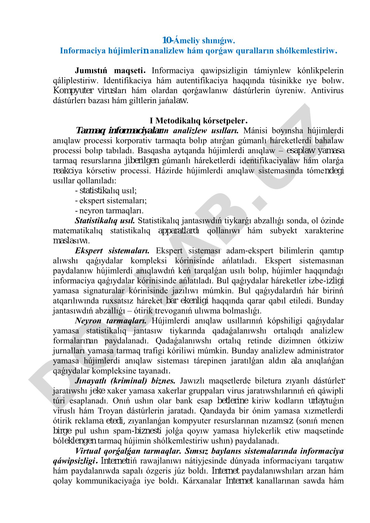 Informaciya hújimlerin analizlew hám qorǵaw quralların shólkemlestiriw