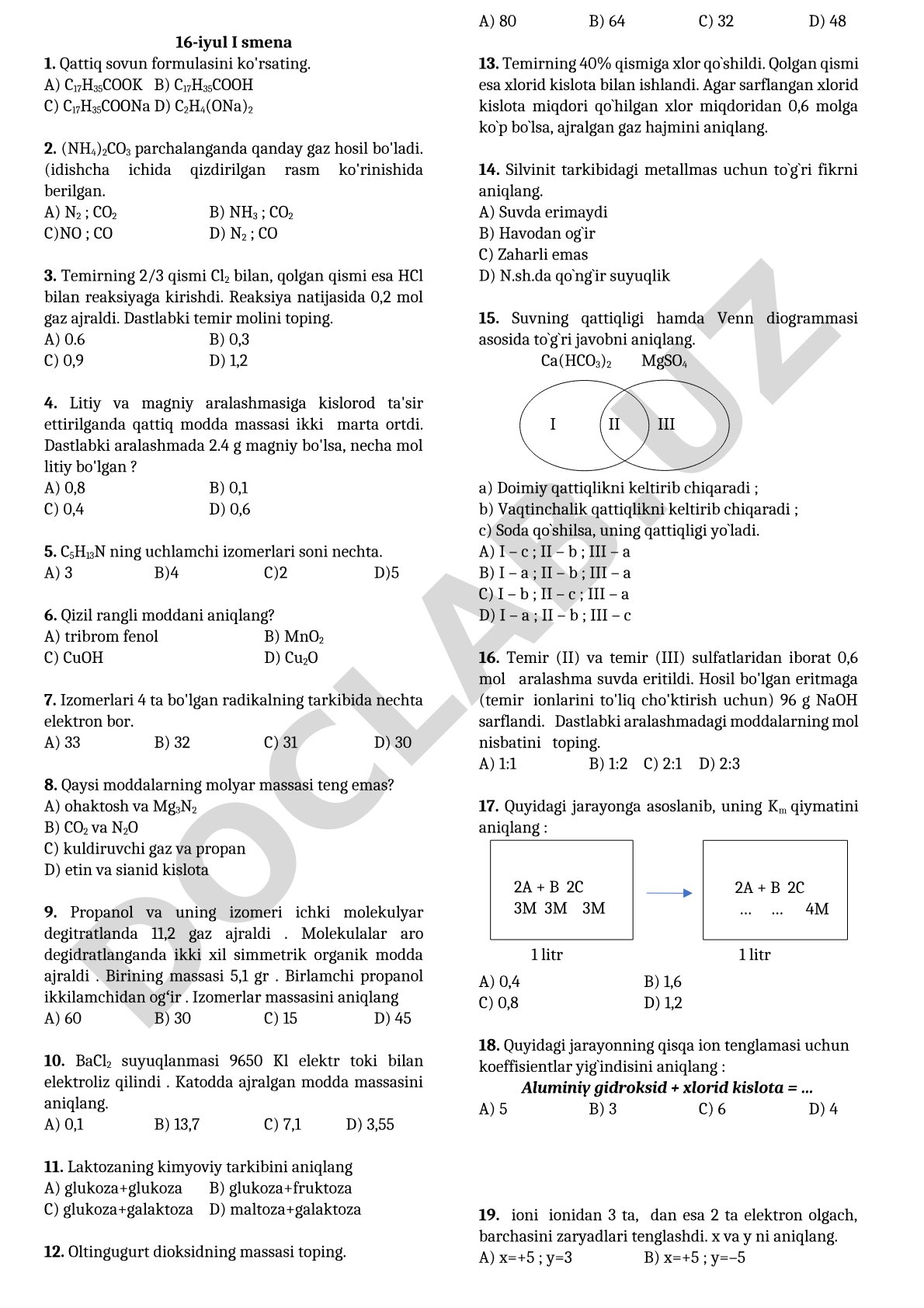 Kimyodan test savollari
