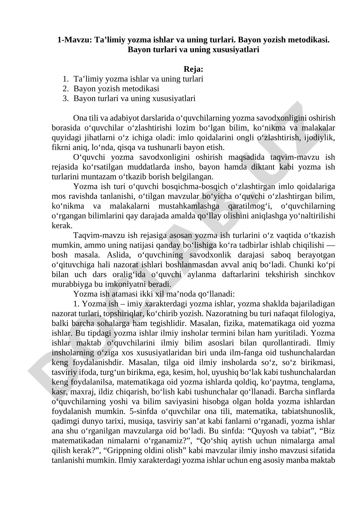 Ta’limiy yozma ishlar va uning turlari. Bayon yozish metodikasi. Bayon turlari va uning xususiyatlari