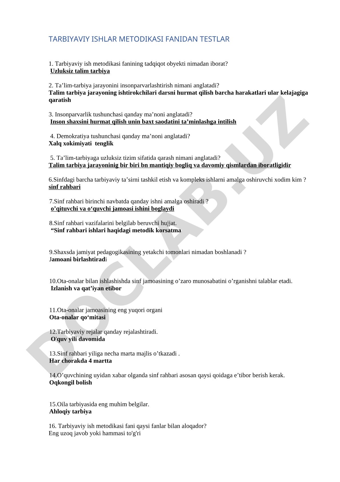 Tarbiyaviy ishlar metodikasi fanidan testlar
