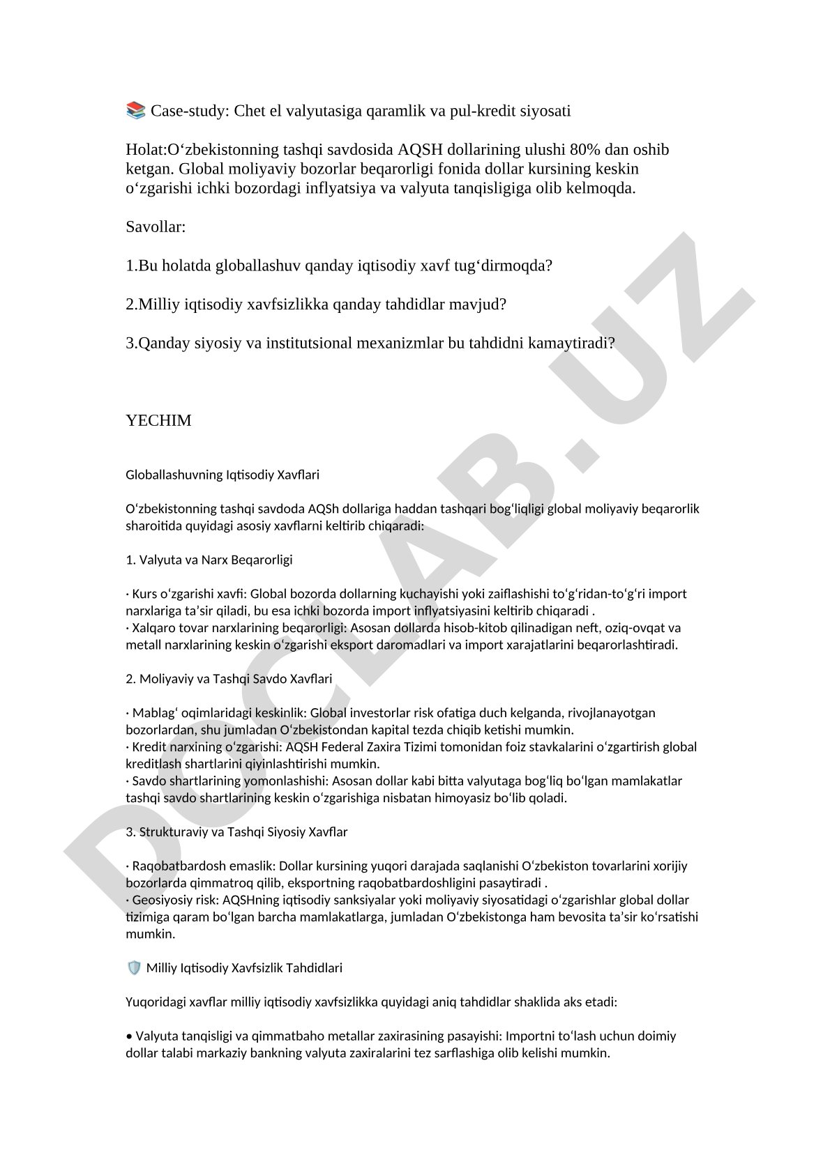 Case-study: Chet el valyutasiga qaramlik va pul-kredit siyosati