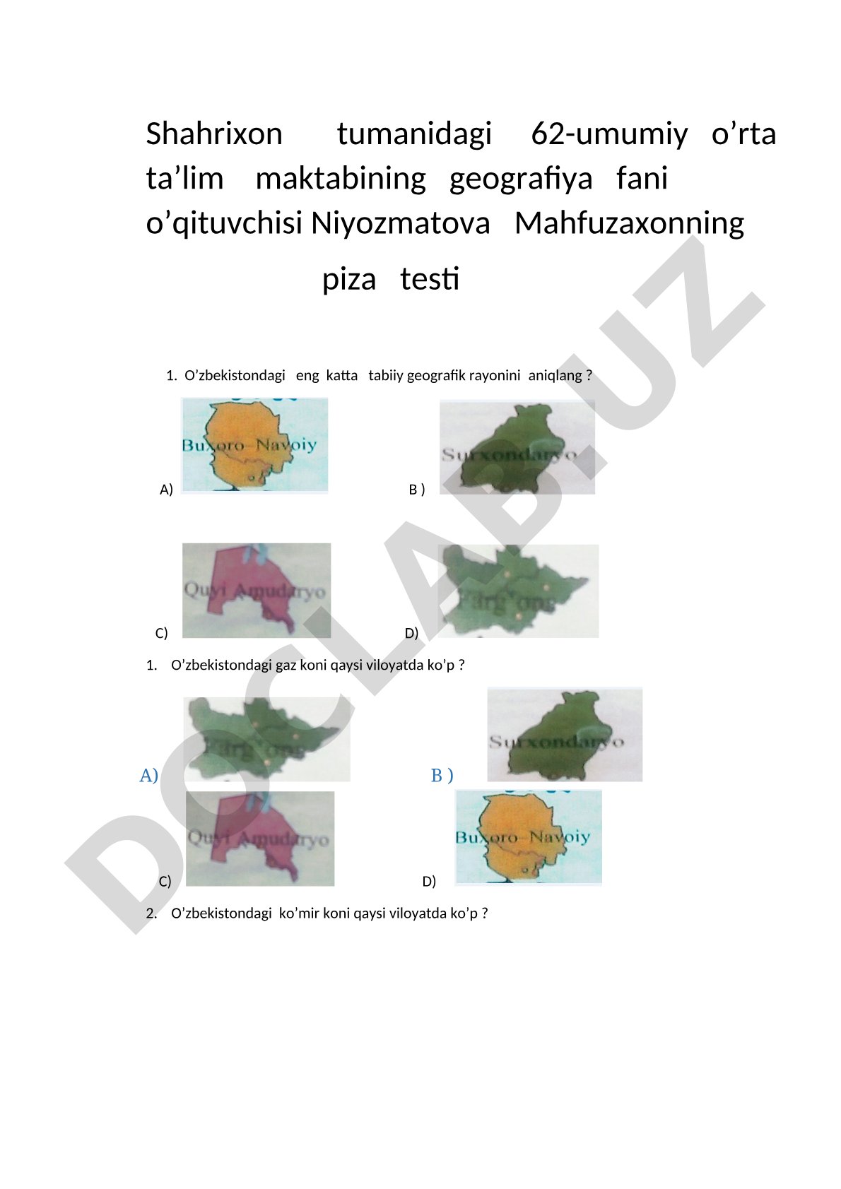 O'zbekiston geografiyasidan PISA testi