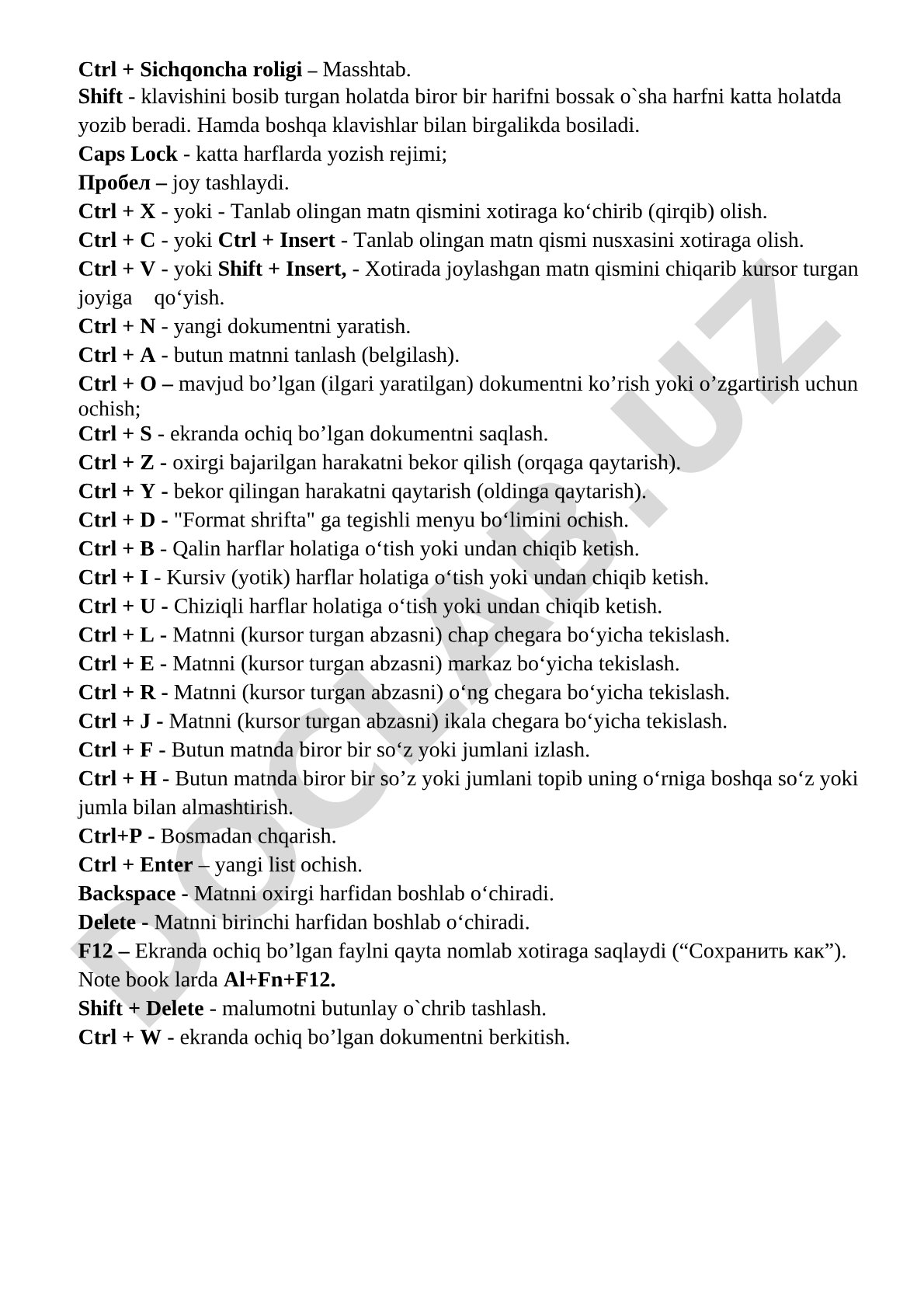 Word dasturida klaviatura tugmalari