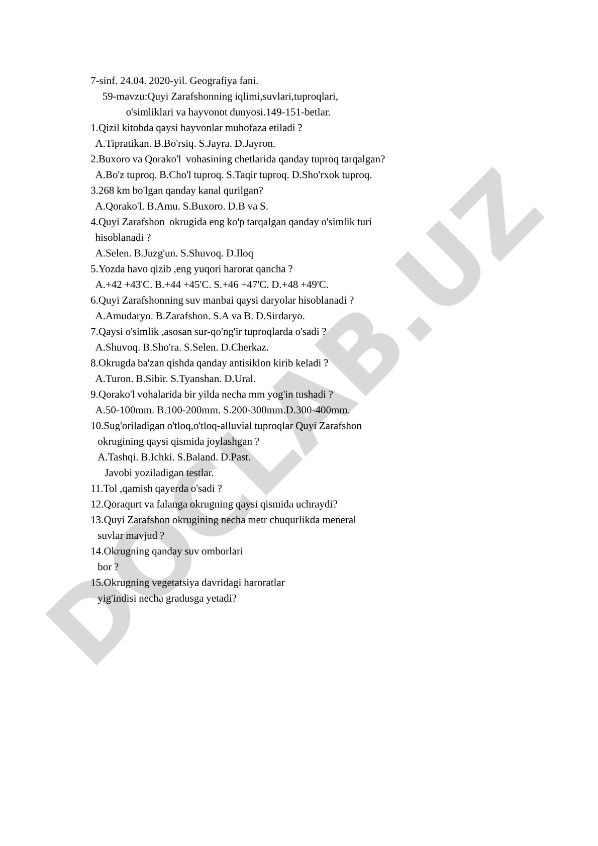 Quyi Zarafshonning iqlimi, suvlari, tuproqlari, o'simliklari va hayvonot dunyosi