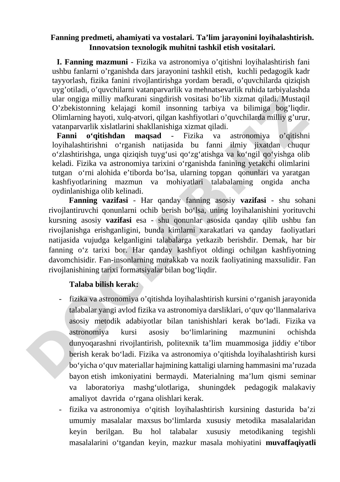 Fizika va astronomiya o'qitishni loyihalashtirish fanining predmeti, ahamiyati va vositalari