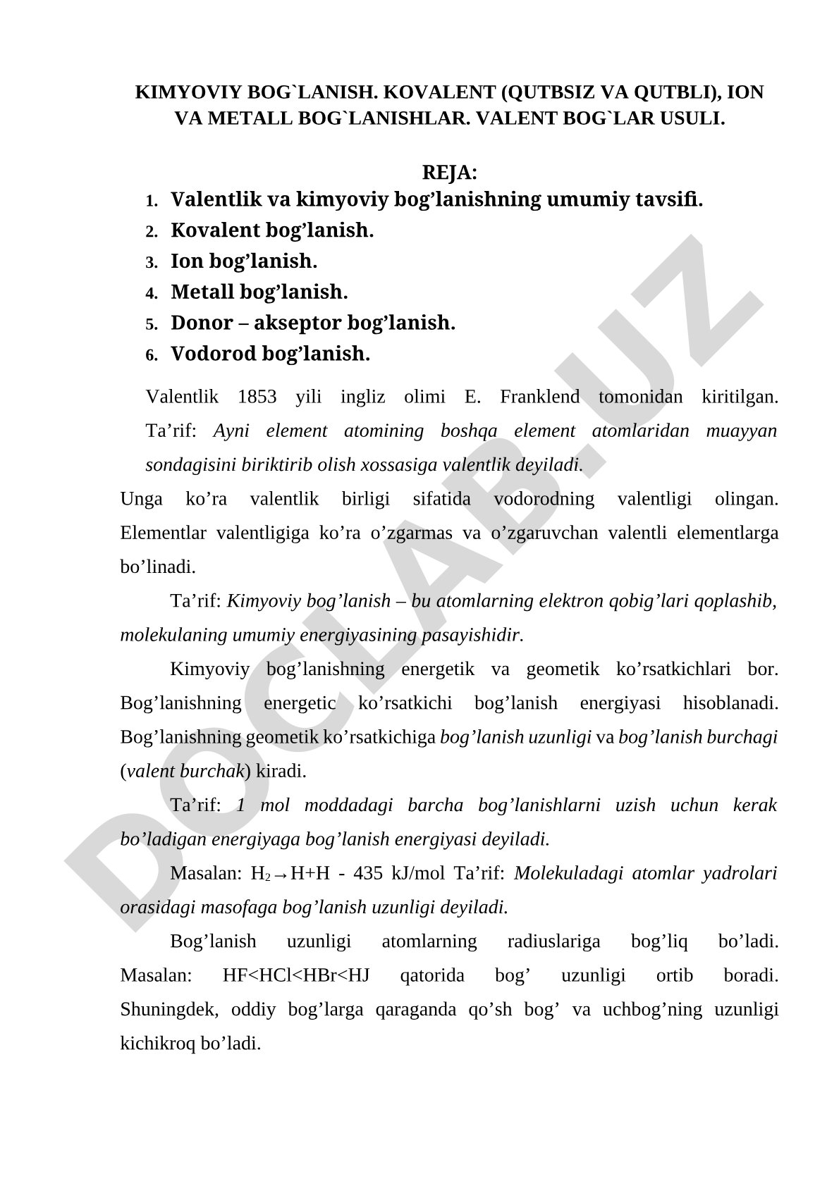 Kimyoviy bog'lanish: kovalent, ion va metall bog'lanishlar