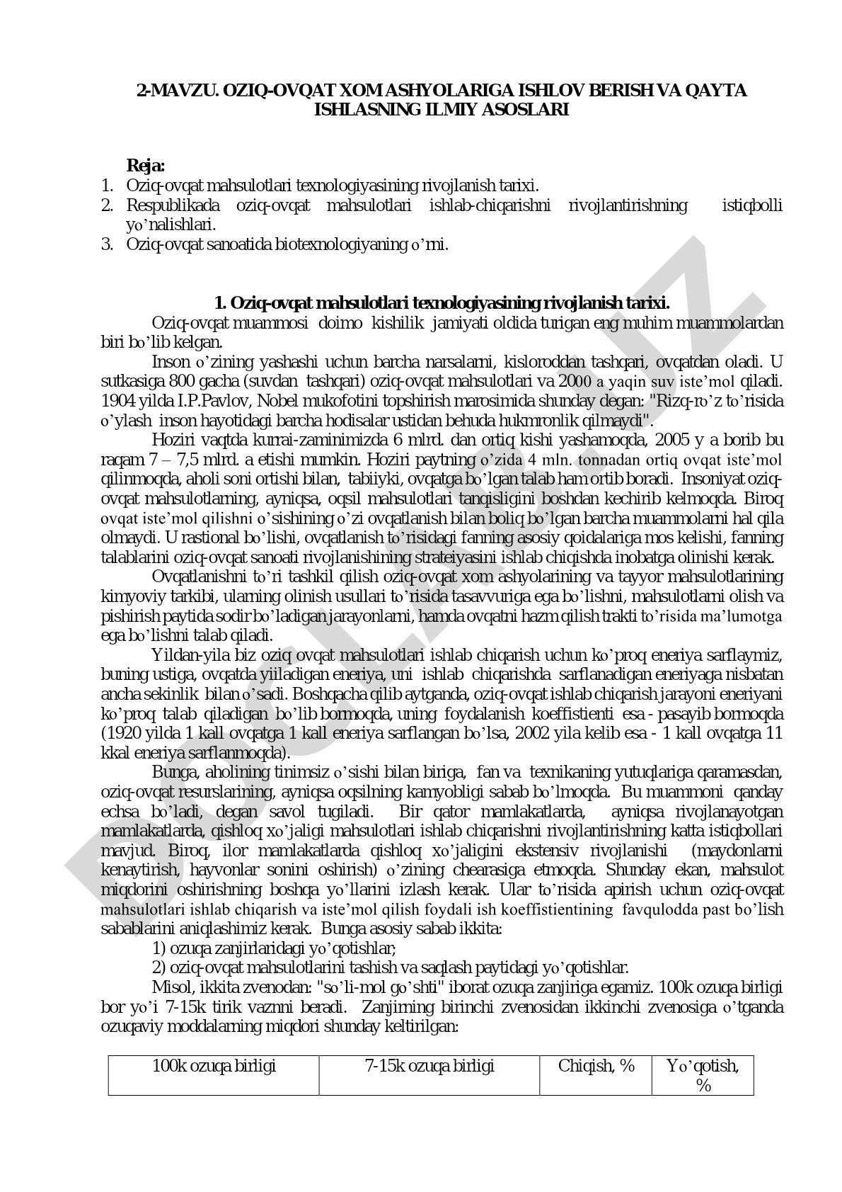 OZIQ-OVQAT XOM ASHYOLARIGA ISHLOV BERISH VA QAYTA ISHLASNING ILMIY ASOSLARI