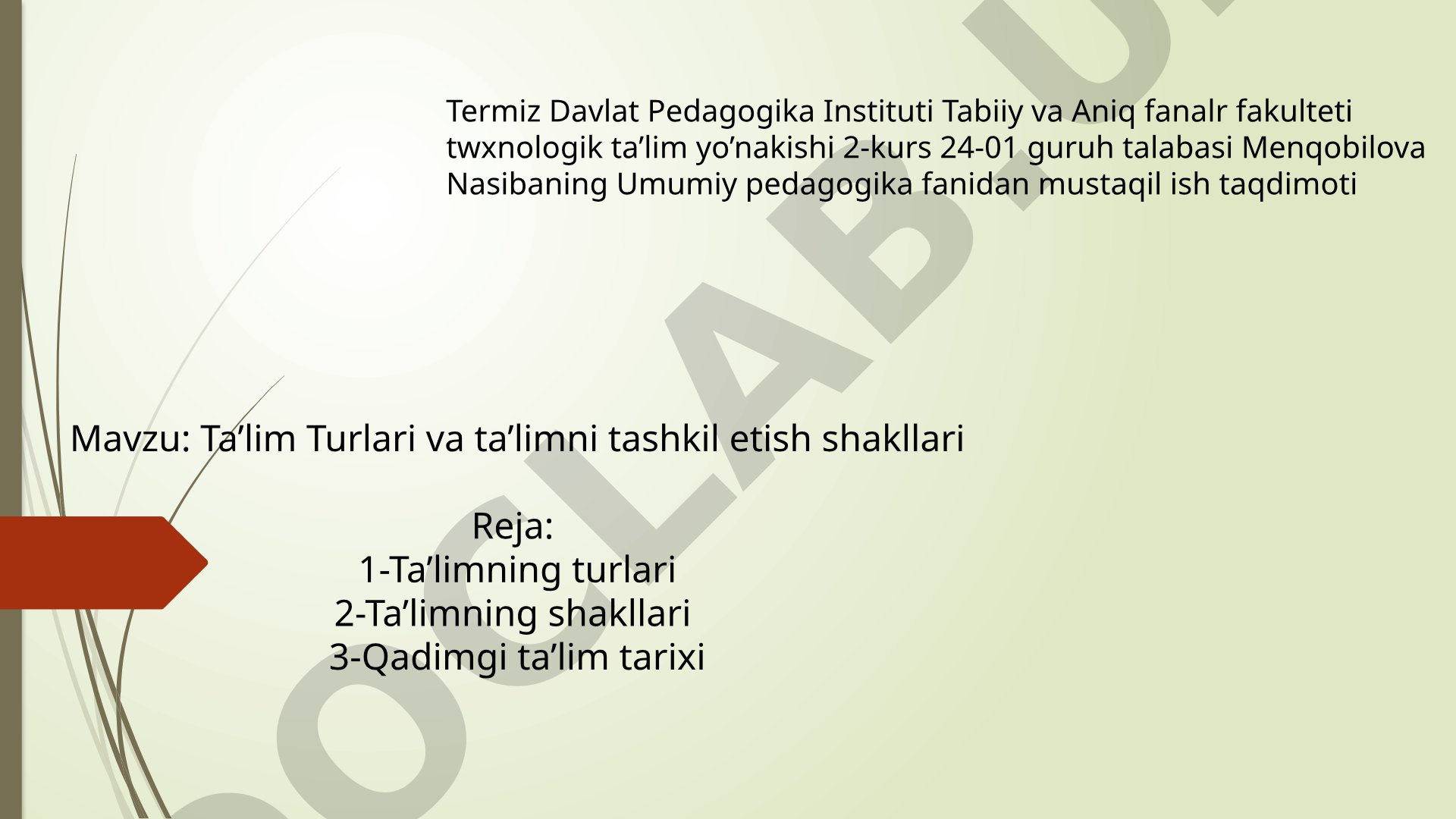 Ta'lim Turlari va ta'limni tashkil etish shakllari