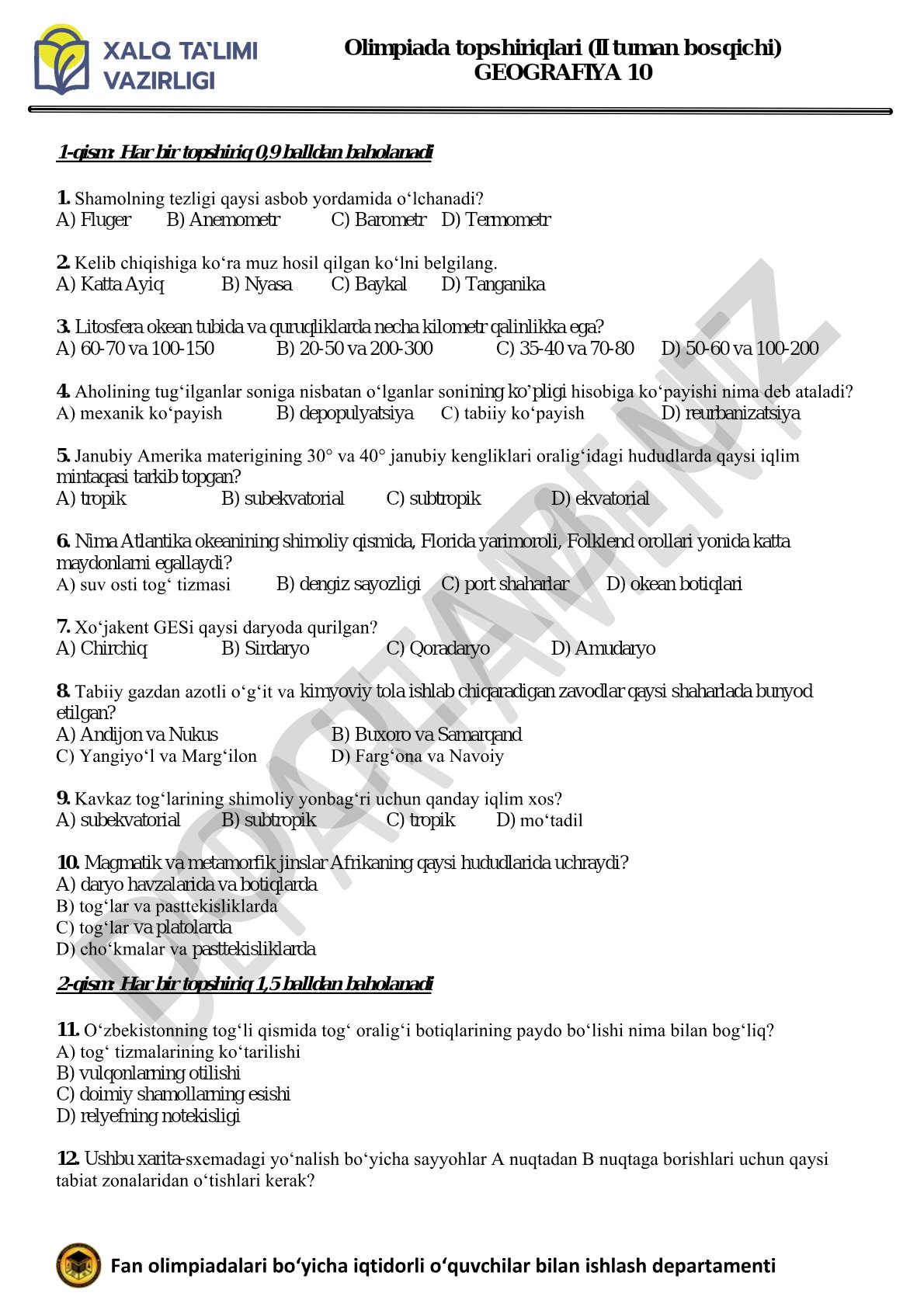 Olimpiada topshiriqlari (II tuman bosqichi) Geografiya 10