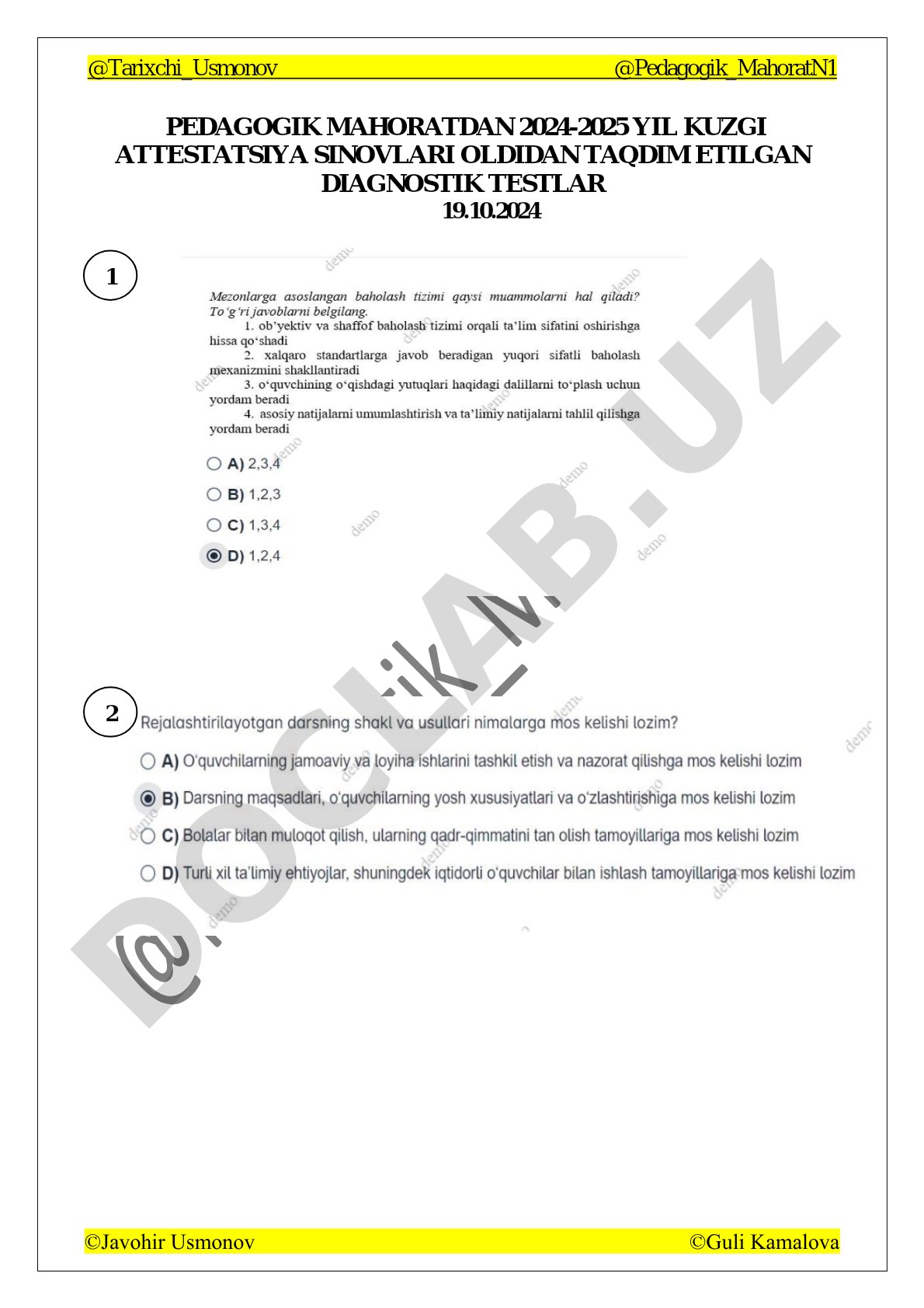 Pedagogik mahoratdan 2024-2025 yil kuzgi attestatsiya diagnostik testlari