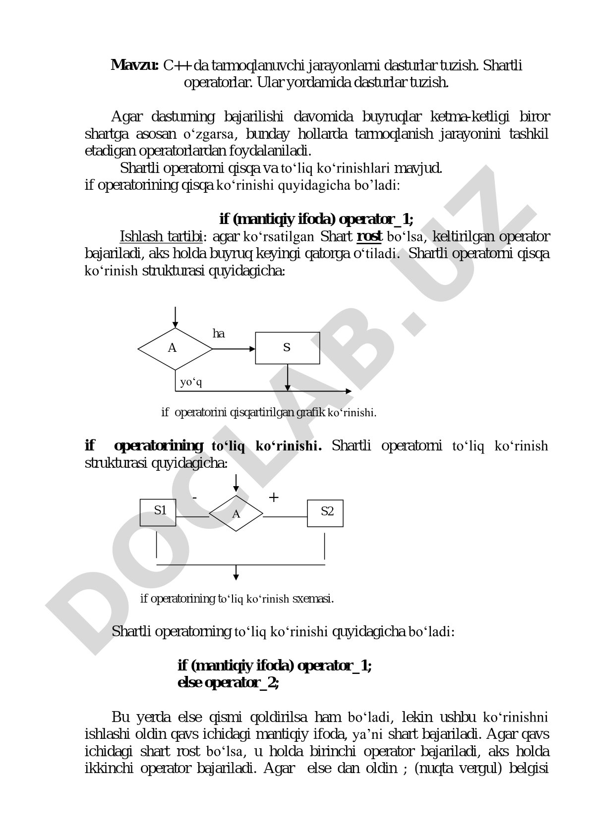 C++ da tarmoqlanuvchi jarayonlarni dasturlar tuzish. Shartli operatorlar