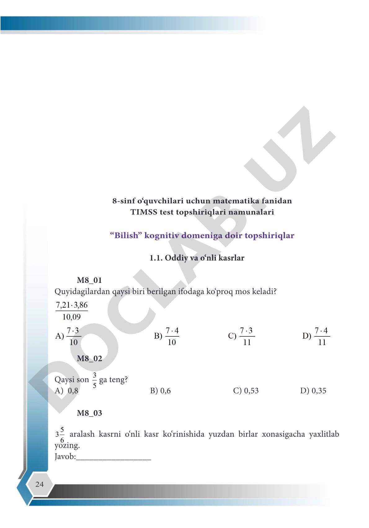 8-sinf o‘quvchilari uchun matematika fanidan TIMSS test topshiriqlari namunalari