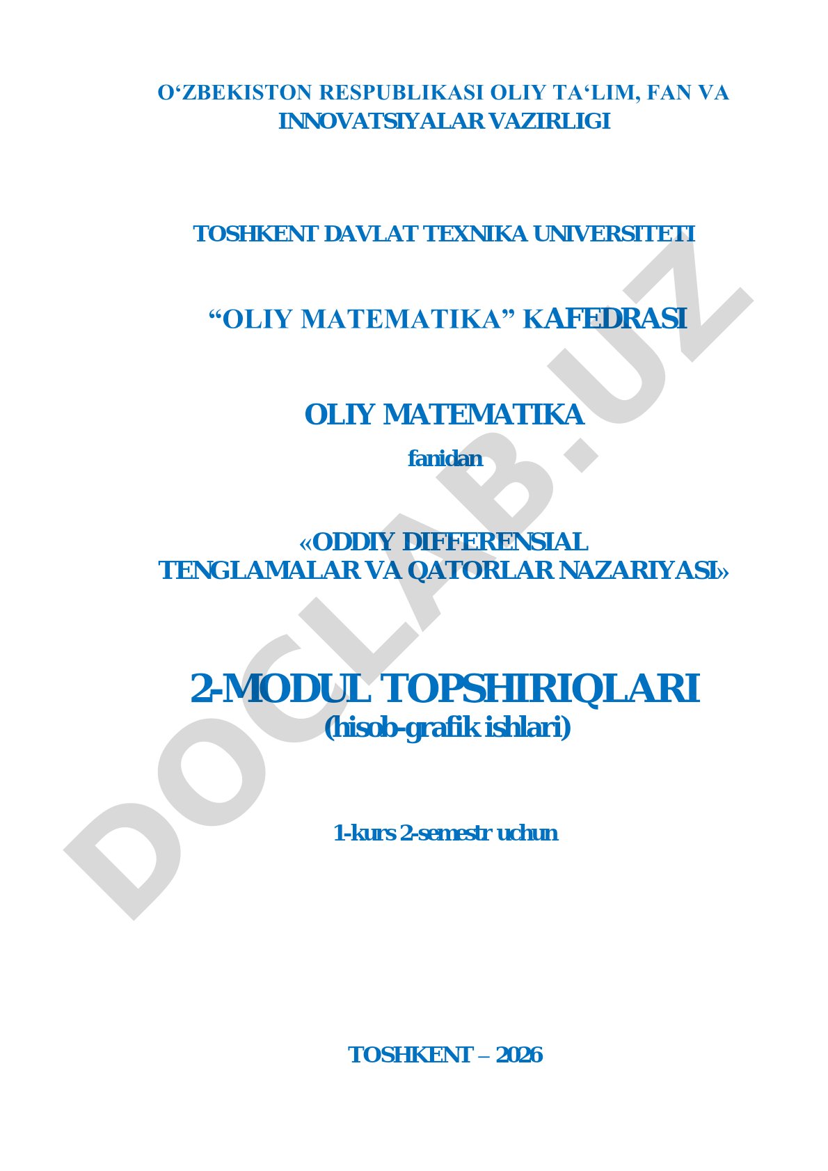 Oddiy differensial tenglamalar va qatorlar nazariyasi 2-modul topshiriqlari