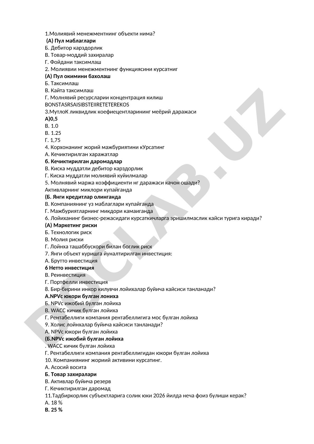 Moliyaviy menejment fanidan test savollari