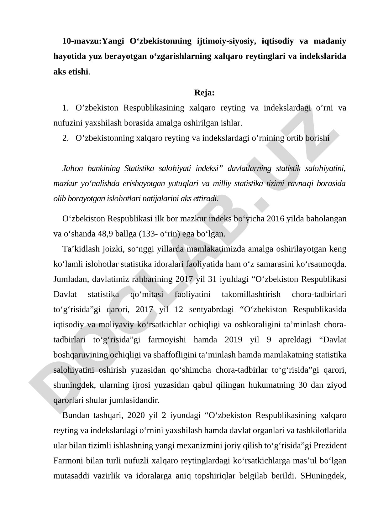 Yangi O‘zbekistonning ijtimoiy-siyosiy, iqtisodiy va madaniy hayotida yuz berayotgan o‘zgarishlarning xalqaro reytinglari va indekslarida aks etishi