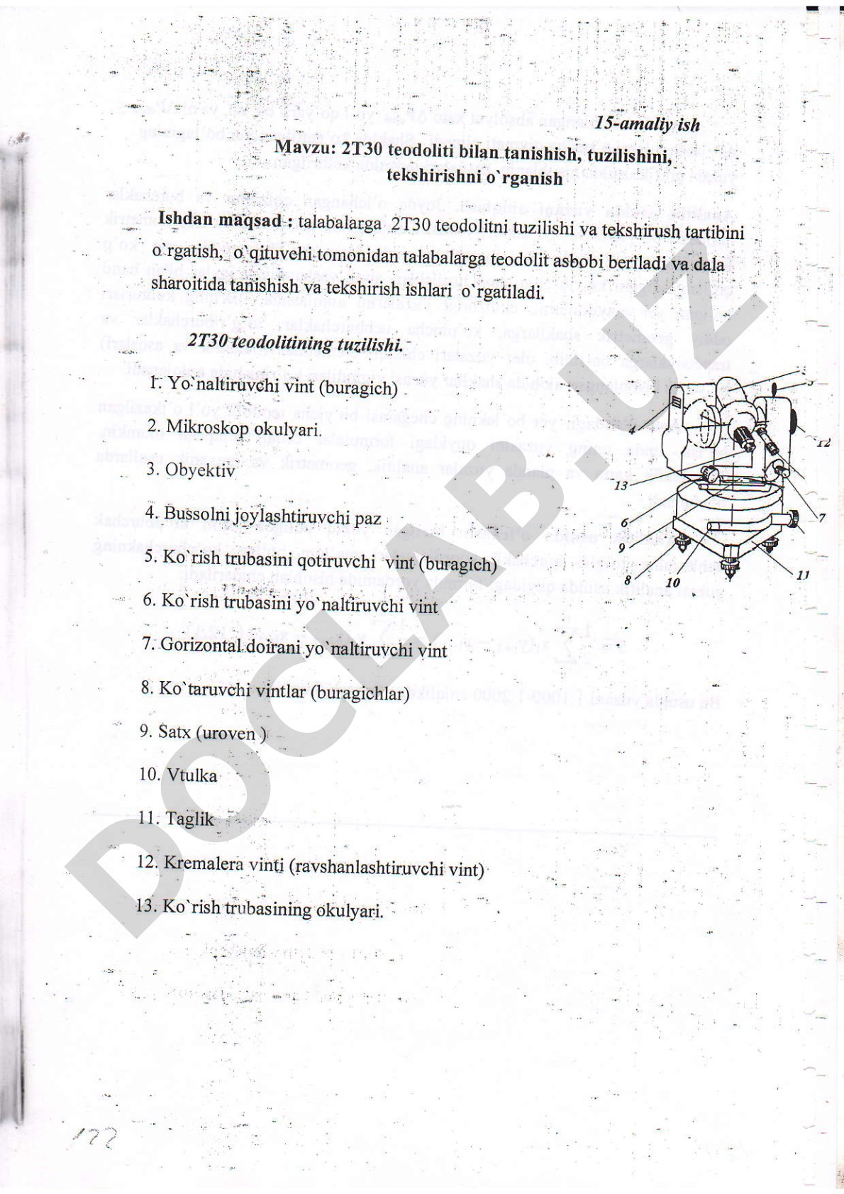 2T30 teodolitining tuzilishi va tekshirish talablari