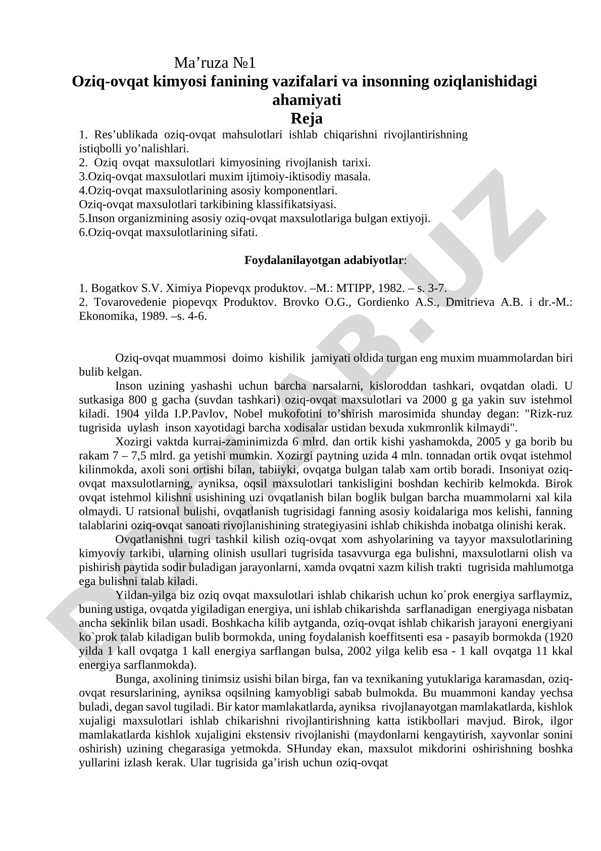 Oziq-ovqat kimyosi fanining vazifalari va insonning oziqlanishidagi ahamiyati
