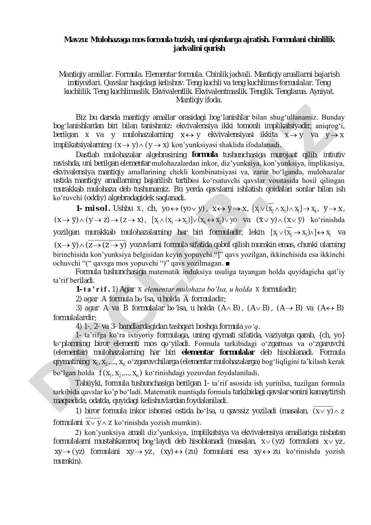 Mulohazaga mos formula tuzish, uni qismlarga ajratish