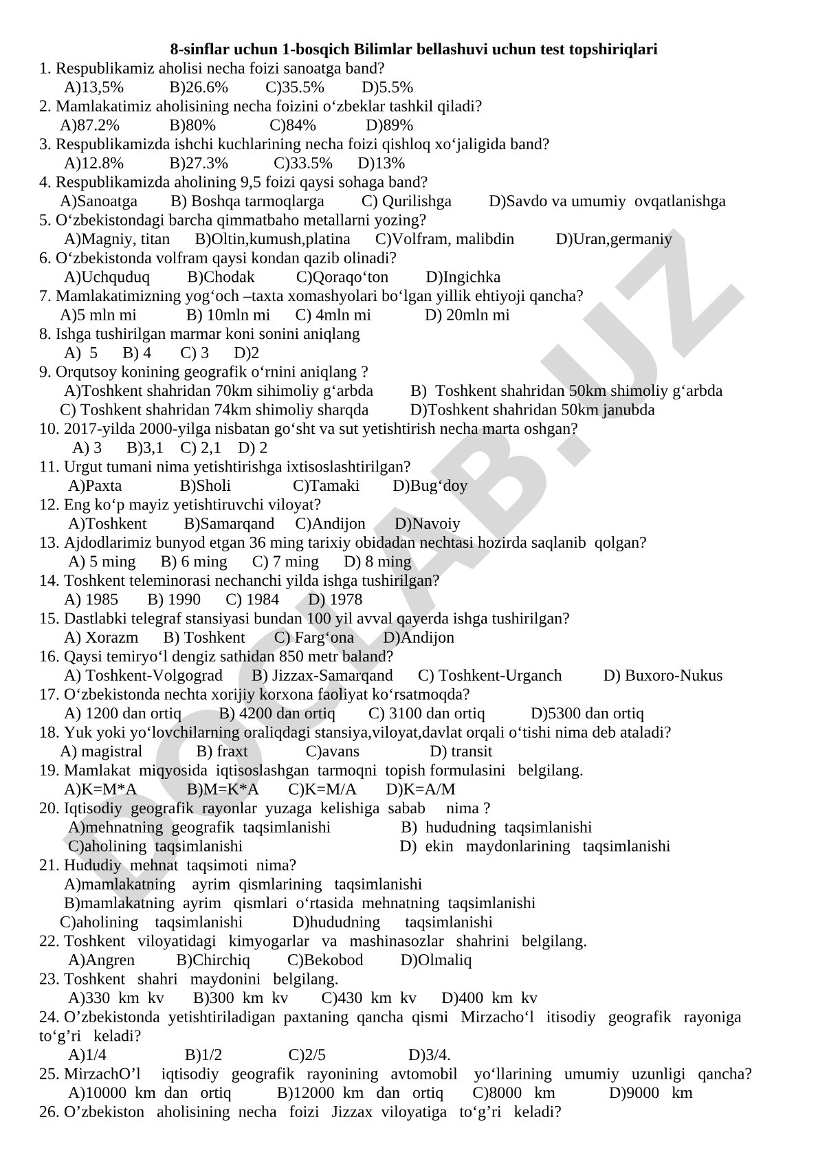 8-sinflar uchun 1-bosqich Bilimlar bellashuvi uchun test topshiriqlari