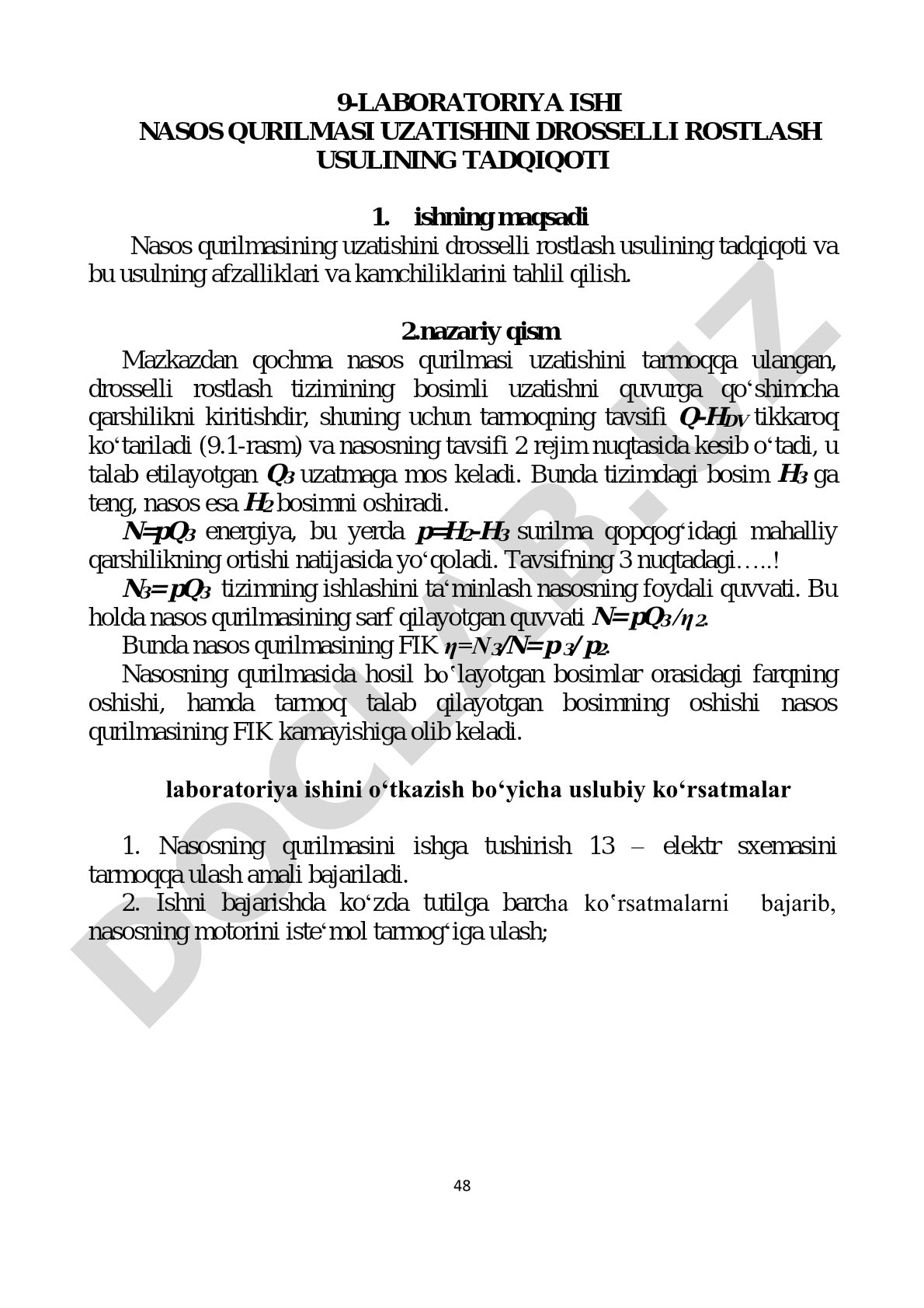 Nasos qurilmasi uzatishini drosselli rostlash usulining tadqiqoti