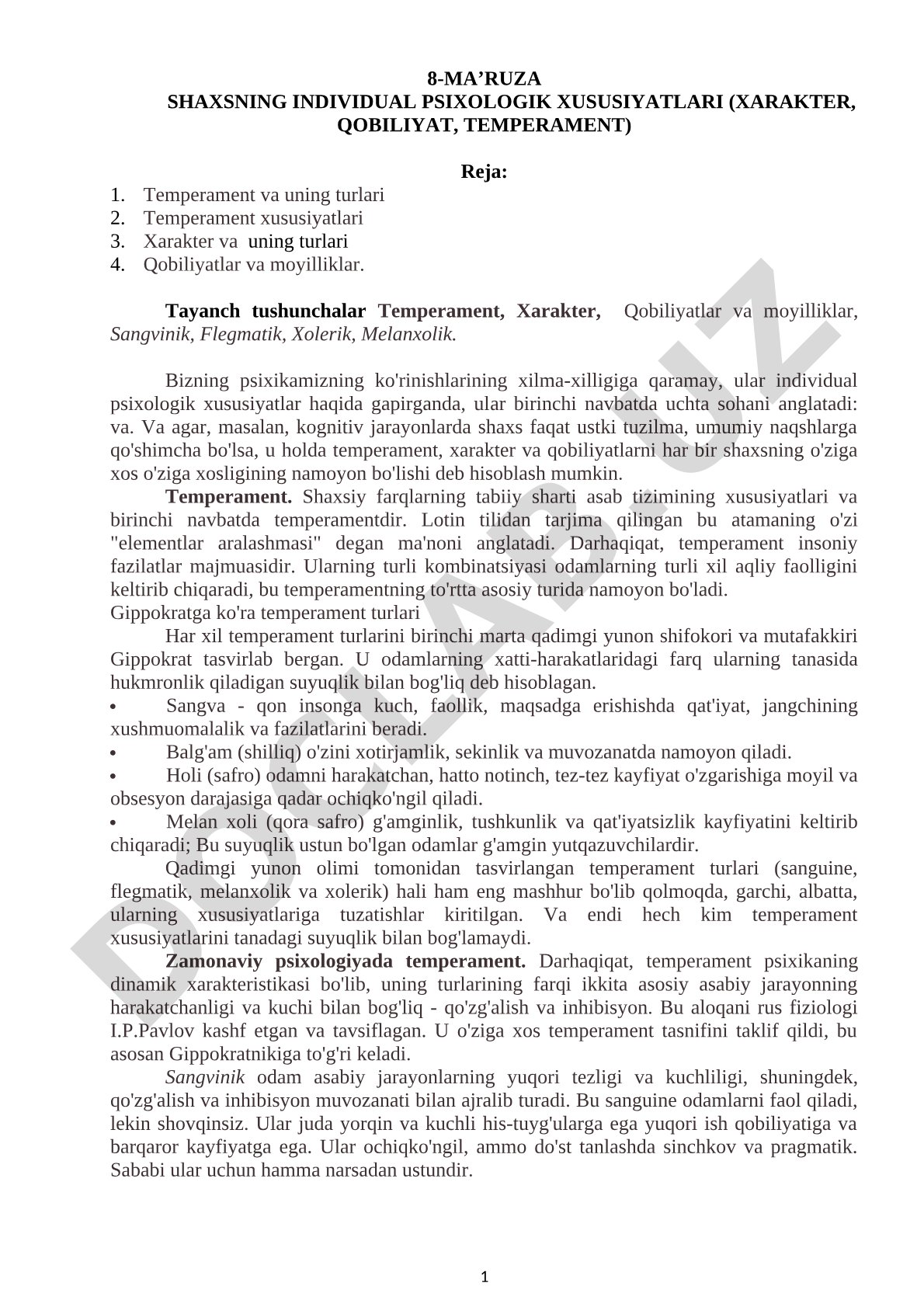 Shaxsning individual psixologik xususiyatlari (xarakter, qobiliyat, temperament)