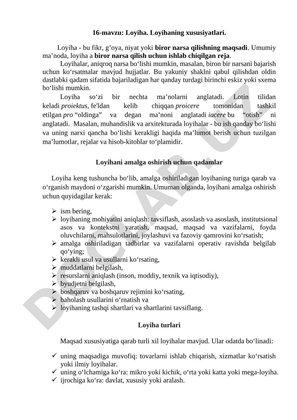 Loyiha tushunchasi, xususiyatlari va amalga oshirish bosqichlari haqida ma'lumot