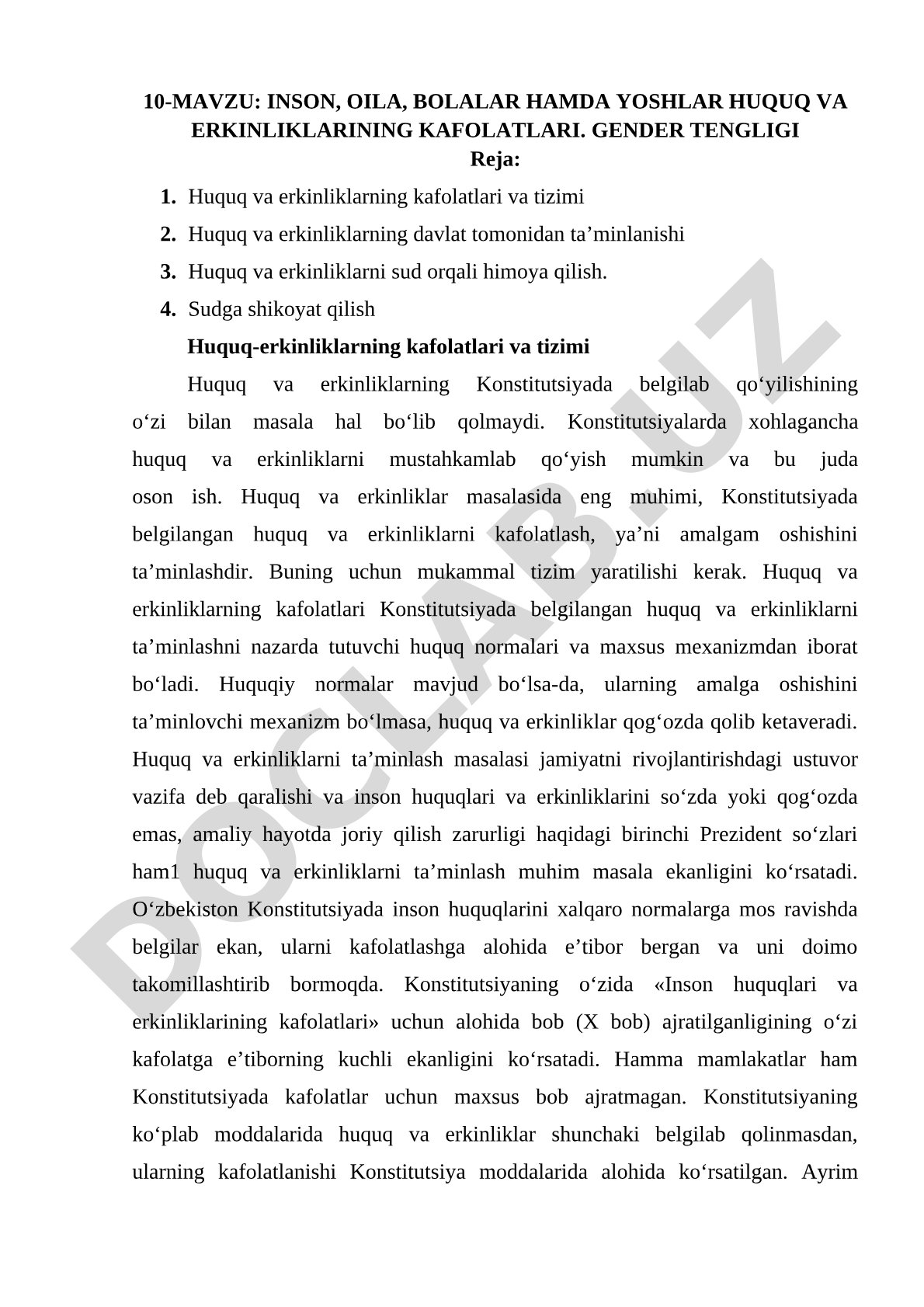 Inson, oila, bolalar hamda yoshlar huquq va erkinliklarining kafolatlari. Gender tengligi