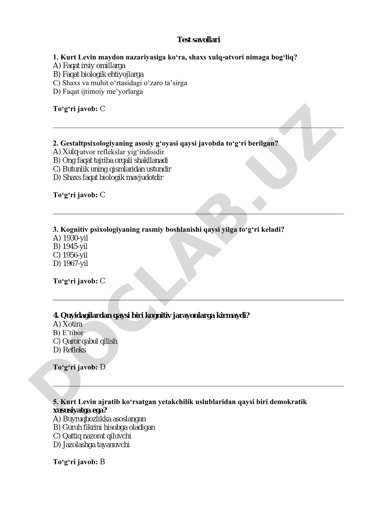 Psixologiya fanidan test savollari