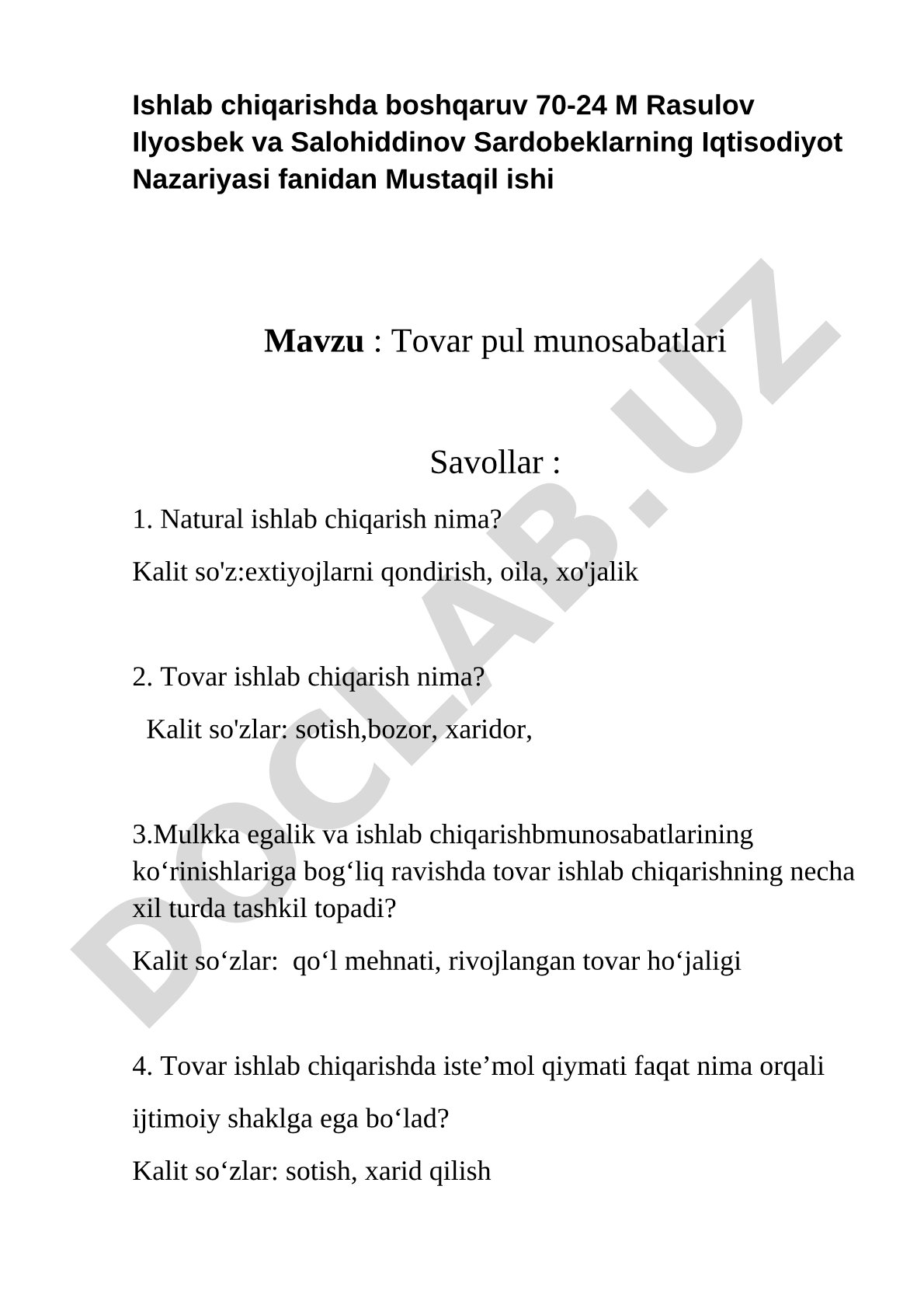 Tovar pul munosabatlari