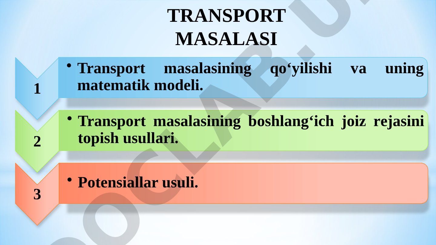 Transport masalasi, uning matematik modeli va yechish usullari bayon etilgan